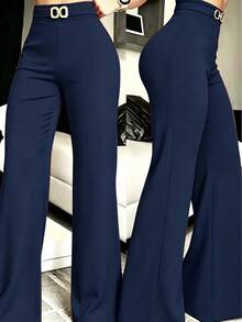 Black Pear-Shaped High Waist Buckle Design Slimming Casual Straight Leg Pants - Navy Blue - View 1