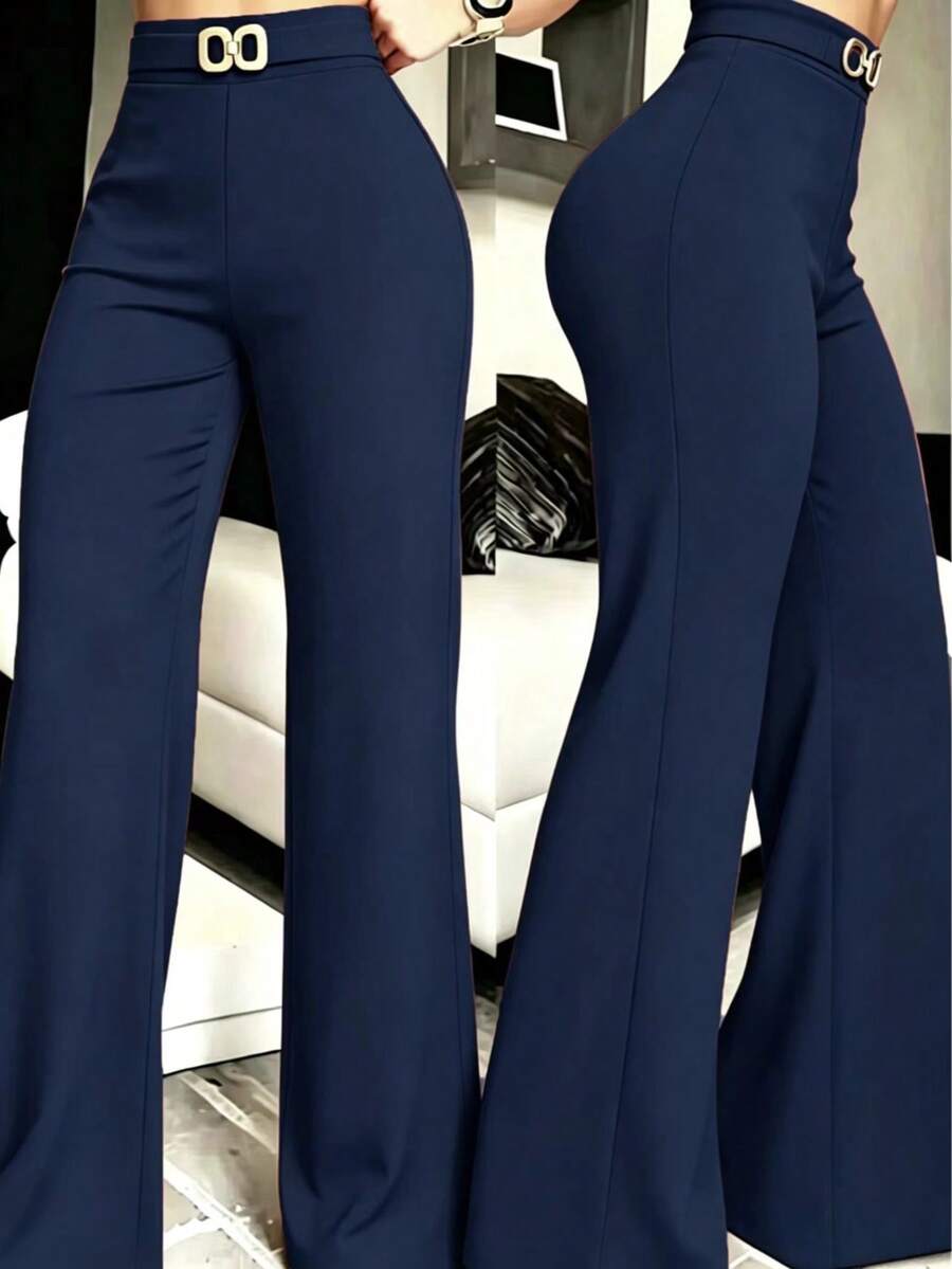 Black Pear-Shaped High Waist Buckle Design Slimming Casual Straight Leg Pants - Navy Blue - View 1