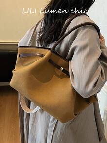 Minimalist Elegant Tote Bag, Soft Pleated Body With Extended Handle Strap, Contrast Trim Accents, Metal Square Buckle Detail On Front, Open Top Design For Easy Access, Spacious Interior Storage, Clean And Generous Silhouette, Suitable For Daily Commute And Outings, Easily Matches Various Outfits - Brown - View 7