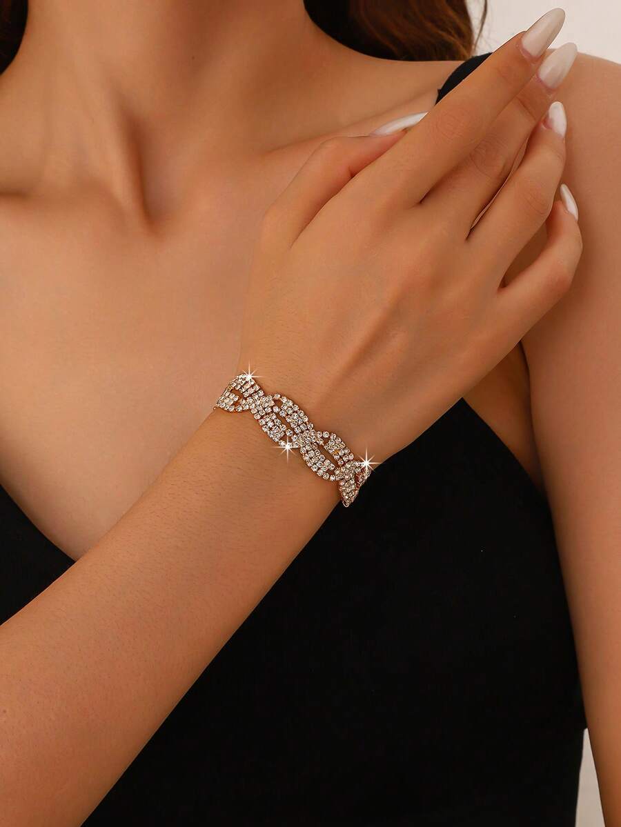 1pc Rhinestone Decorated Braided Shiny Evening Bracelet - Gold - View 1