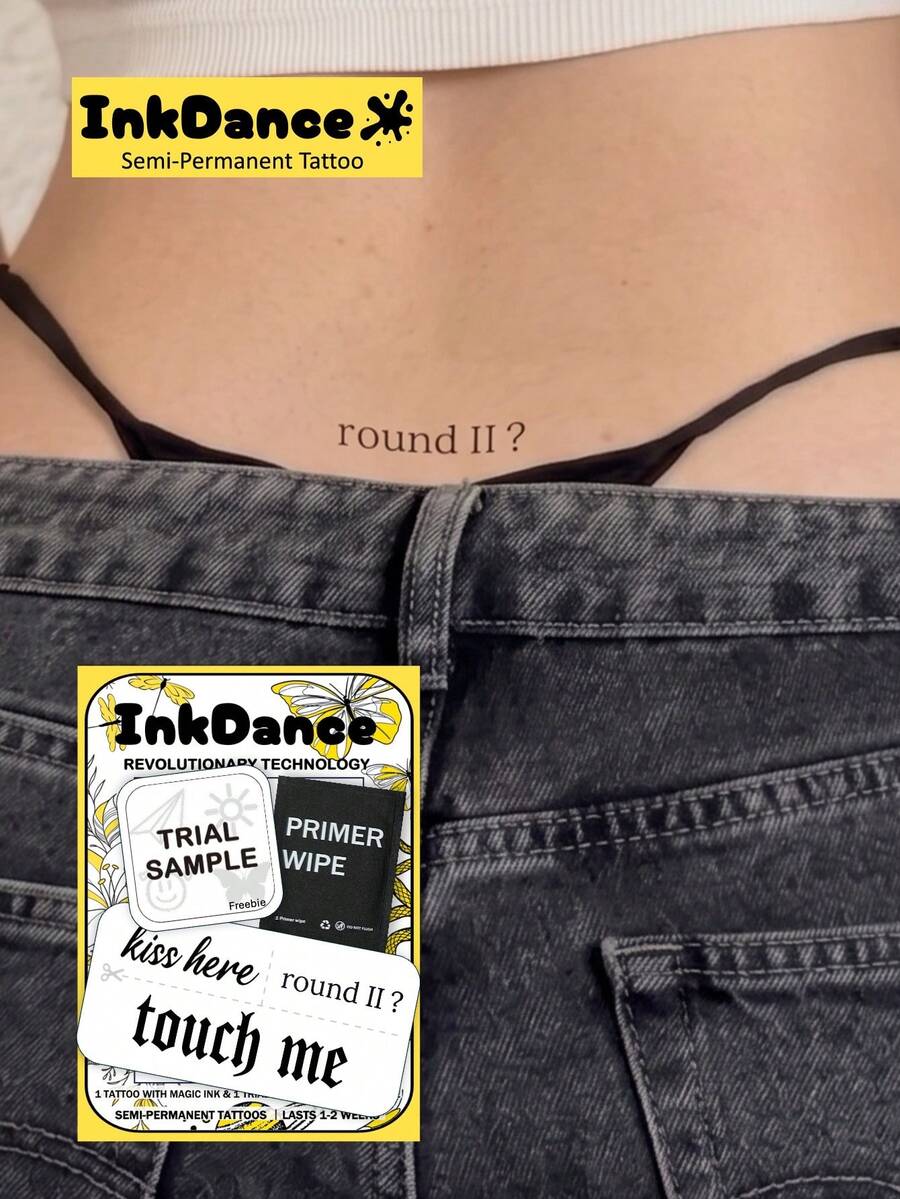 1 Set "& Round 2 & Touch Me" New Technology Tattoo Stickers, Semi-Permanent, Sexy Provocative Gothic Seduction, Temporary Tattoo, Y2K Style, Waterproof Long-Lasting Realistic Design, InkDance Plant-Based Formula, Gift X024 - Black - View 1