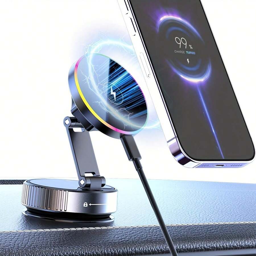 1pc 15W Magnetic Wireless Car Charger Mount, Upgraded 360° Rotating Magnetic Phone Holder With Foldable & Extendable Vacuum Suction Cup, Fast Charging Car Mount, Suitable For Dashboard, Compatible With IPhone And Android Phones, Ideal For Driving And Road Trips