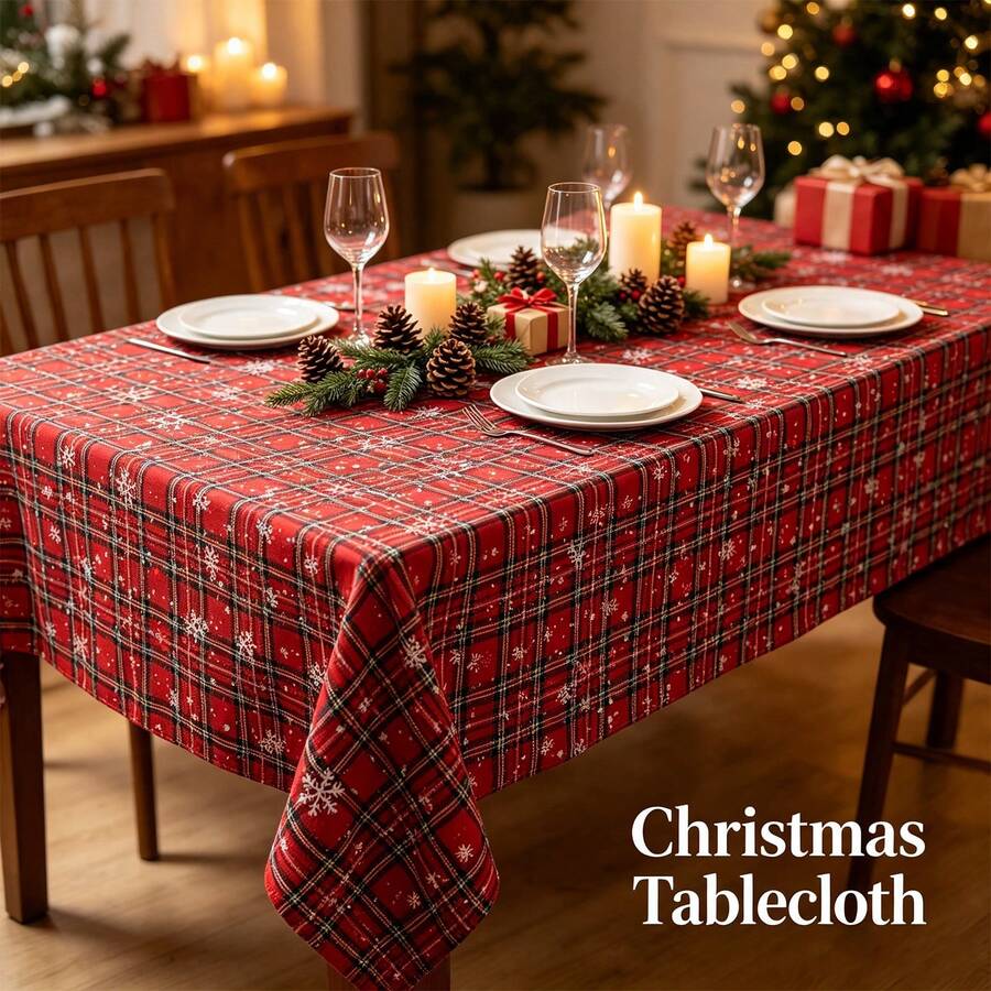 1pc Christmas Red Plaid Tablecloth With Snowflakes, Double Sided Printed Farmhouse Xmas Decorative Table Cover For Holiday Dinner Party, Rectangular Washable Fabric Table Cloth For Kitchen Dining Home Decor - Multicolor - View 1