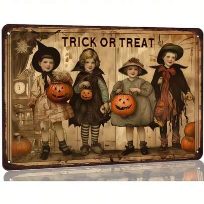 Charmig vintage Halloween-metallskylt – 8,0 x 12,0 tum, perfekt som välkomstdekoration för hem, stugor, kontor och kaféer – förborrade hål, enkel att hänga upp