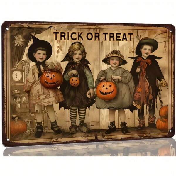 Charming Vintage Halloween Metal Sign - 8.0X12.0 Inches, Perfect For Welcome Decor In Homes, Cabins, Offices And Cafes - Pre-Drilled Holes, Easy To Hang