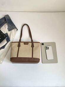 Cross-Border Woven Color-Block Rhombus Embossed Large Capacity Tote Bag Shoulder Large Bag Versatile Fashion Tote Bag For Women - Khaki - View 3