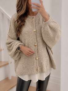 Marisole Women's Casual Daily Dropped Shoulder Long Sleeve Crew Neck Ribbed Button Cardigan, Fashion Basic Commute Travel Vacation Knit Sweater, Autumn/Winter - Camel - View 6
