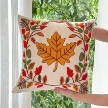 FAUNUS 1pc Chenille Tufted Embroidered Throw Pillow Cover, Autumn Maple Leaf & Oak Leaf Decorative Cushion Case, Thanksgiving Holiday Home Decor For Sofa & Living Room, Pillow Insert Not Included - Autumn Leaves Drifting - View 5