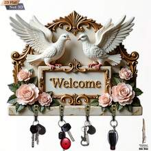 Vintage White Dove Rose Key Holder Wall Mount Wooden Key Hanger With 4 Metal Hooks European Style Decorative Key Rack For Entryway Door Room Home Wall Decor Housewarming Gift - View 3