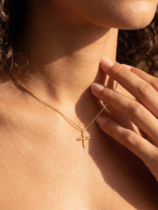 1pc Exquisite Gold Cross Pendant Necklace, Women's Style, Tiny Zirconia Inlaid Minimalist Cross Necklace, Delicate Daily Wear Fashion Jewelry Women's Gift