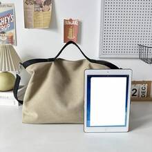 Solid Color Large Capacity Canvas Tote Shopping Bag, Multi-Pocket Design, Mother's Day Gift For Mom, Commute Travel Minimalist Fashion Versatile - Khaki - View 8