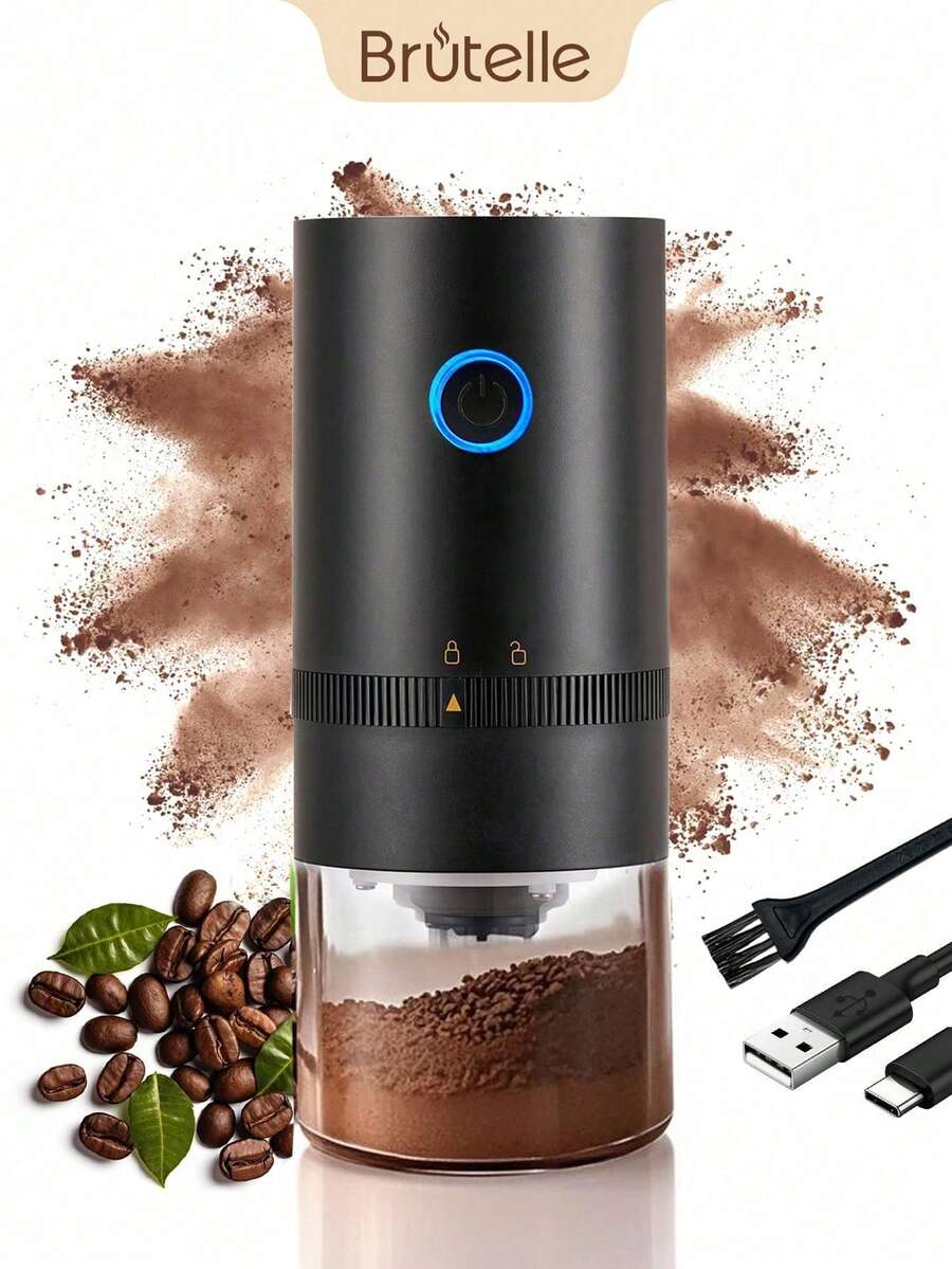 Brutelle 1个USB充电式电动咖啡研磨机，研磨粗细可调，适用于家庭、办公室、咖啡角、学校等场所。