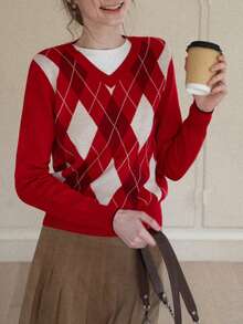Sweater Pullover Leher V Wanita Kasual Musim Dingin Minimalis Motif Argyle Vintage - Merah - View 4