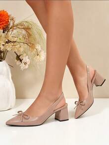 Women's Pointed Solid Color Bow Tie Coarse Heel Sandals, Can Be Paired With Skirts And Pants, Suitable For Daily Use, Dating, And Vacation - 杏色 - 查看 5