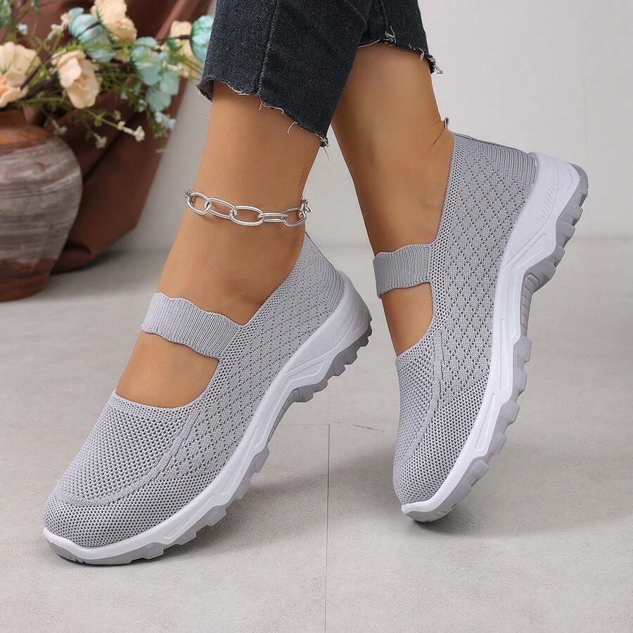 Minimalist Black Casual Women's Shoes, Elastic Design, Soft Thick Sole, Suitable For Students' Daily Class Wear - Grey - View 1