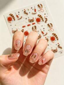 1pc Cute Kitten Water Transfer Nail Stickers Cat Paw Yarn Fish Pattern Adorable Manicure Decals For Women Teen Girls - Multicolor - View 1