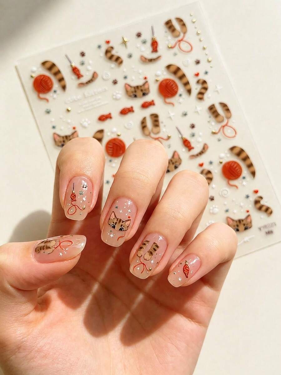 1pc Cute Kitten Water Transfer Nail Stickers Cat Paw Yarn Fish Pattern Adorable Manicure Decals For Women Teen Girls - Multicolor - View 1