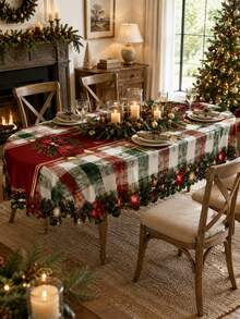 Christmas Plaid Tablecloth, Wavy Edge, Red & Green Buffalo Check Snowflake Print Polyester Tablecloth, Rustic Farmhouse Style Holiday Table Decor, Suitable For Christmas Party, Family Dinner, Winter Home Decoration - Multicolor - View 17