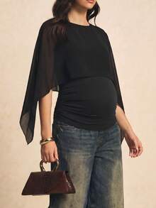 Maternity Round Neck Top For Pregnant Women, Draped Chiffon Sleeves With Side Ruched Detail, High Elasticity Maternity T-Shirt For Casual, Commute And Daily Wear - Black - View 6