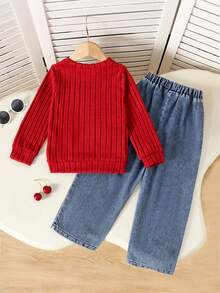 2pcs/Set Setelan Anak Perempuan Gaya Manis: Pullover Rajut Lengan Panjang Bergaris Motif Ceri + Celana Jeans Bordir Ceri, Setelan Kasual untuk Jalan-jalan Musim Gugur dan Musim Dingin - Merah - View 2