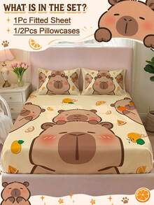 2/3pcs Sprei Fitted Motif Capybara Lucu, Pelindung Kasur, Lembut, Nyaman, dan Bernapas, Cocok untuk Semua Musim, Cocok untuk Semua Ukuran Kasur (Twin/Full/King/Queen), Desain Kantong Dalam, Cocok untuk Kamar Tidur, Asrama, Hotel, Dapat Dicuci dengan Mesin - MultiWarna - View 2