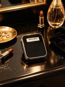 Miu Miu Black Gloss Square Compact Makeup Mirror, Gold Metal Frame Double Sided Pocket Mirror, Normal & Magnifying Portable Travel Hand Mirror Ladies Luxury Mini Beauty Gift MIUMIU-GIFT-17 - Black - View 3