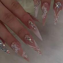 12pcs Long, Teardrop-Shaped, Press-On False Nails With Sparkling Rhinestone Gradient Floral Patterns; A Sweet And Cool European-Style Nail Art Sticker For Women - Multicolor - View 3