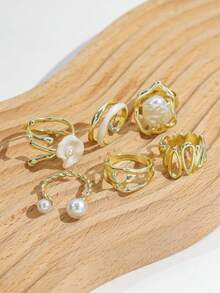 6PCS INS Style Drip Oil Flower Baroque Irregular Faux Pearl Rings Hollow Multi-Element Water Drop Pearl Ring Set For Women - Gold - View 2