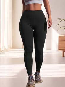 1 pc Legging Yoga Ukuran Besar, Celana Crop Kasual dengan Saku, Cocok untuk Musim Semi, Panas, Gugur dan Dingin - Hitam - View 4