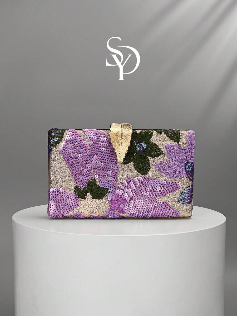 1件優雅花卉刺繡手拿包，女士優雅葉形金屬亮片晚宴包，適合派對與婚禮（隨機剪裁） - 紫色 - 查看 1