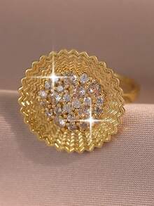 1pc Exquisite 3d Sunflower Cubic Zirconia Circle Shaped Personalized Openable Rings For Women's Daily Wear Valentines,Fit For Party,Birthday Gift - Yellow Gold - View 6