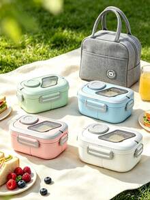 Pink Compartment Lunch Box With Soup Cup, Fork And Spoon, Leak-Proof Sealed With Handle, Microwave Outdoor Picnic Bento Box, Portable Lunch Box For Students And Office Workers - Multicolor - View 8
