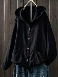 Women's Spring/Autumn Top, Vintage Loose Casual Shirt, Plus Size Women's Loose Hooded Button-Up Top With Adjustable Drawstring Hem - Casual Vacation, Layered Design, Solid Color Fashion, Solid Color Front Button Drawstring Pocket Casual Black