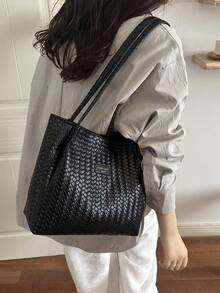 New Large Capacity Woven Pattern Handbag, Fashionable Shoulder Tote Bag, Unique Design, Suitable For Daily Outings, Shopping, Work And Commuting, Eye-Catching Women's Work Bag - Black - View 3