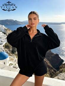 YI XUAN Plus Size Women's Black Long Sleeve Zip-Up Hooded Sweatshirt, Loose Street Style Sweatshirt, Autumn/Spring Casual - Black - View 2