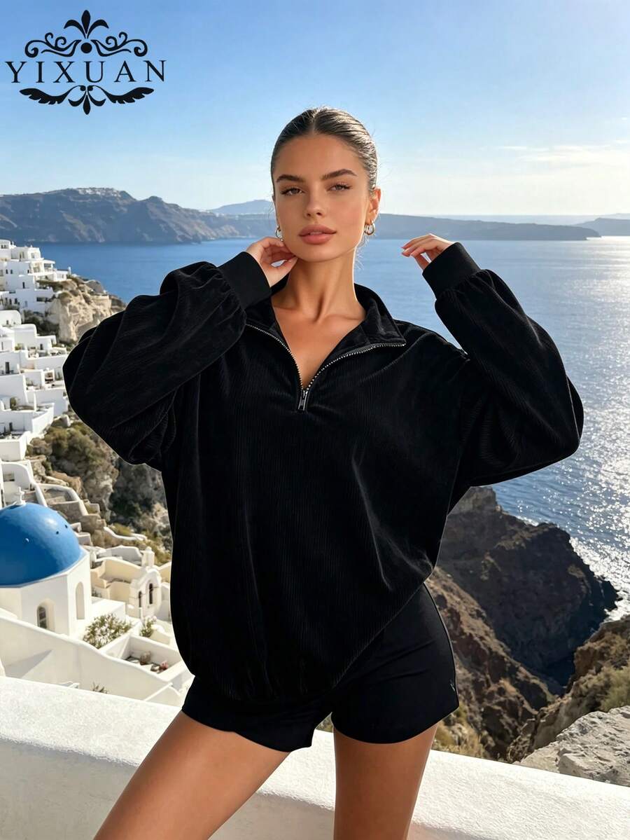 YI XUAN Plus Size Women's Black Long Sleeve Zip-Up Hooded Sweatshirt, Loose Street Style Sweatshirt, Autumn/Spring Casual