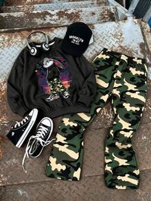 Teen Boy Street Rabbit Print Crew Neck Sweatshirt & Camouflage Wide Leg Pants 2pcs Set, Autumn Winter Outfit, Campus Style, Homecoming Look - Black - View 1