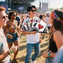 Heart & Spade Poker Print Large Folding Fan, Internet Celebrity Music Festival Photo Prop, Personalized Dark Style Fabric Handheld Fan - Multicolor - View 2