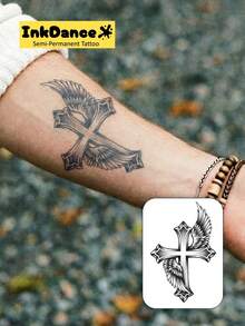 1 Set "Winged Cross" Revolutionary Technology Tattoo Stickers, Semi-Permanent Tattoos, Temporary Tattoos, Long Lasting, Angel Tattoos, Realistic Tattoos, Waterproof, Lifelike Tattoo Effect, InkDance Ink Dance Plant-Based X054 - Black - View 2