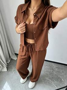 Women Two-Piece Outfits - Coffee Brown - View 4