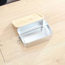 Stainless Steel Lunch Box With Bamboo Lid And Straight Buckle Design; Large Capacity Partitioned Lunch Box; Leak-Proof Structure; Suitable For Office Workers, Students, Outdoor Picnics, Travel, Office Dining, And Daily Use; Practical Item. - Silver - View 11