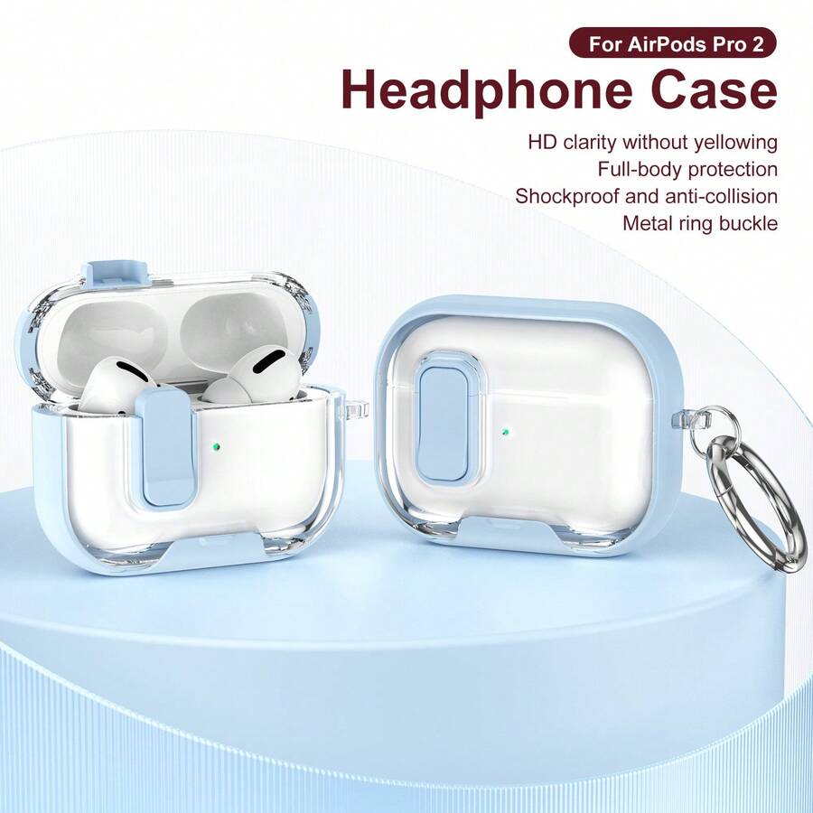 Light Blue Safety Lock Clear Earphone Case With Metal Keychain Ring, Anti-Yellow Transparent Shockproof Full Protective Cover Compatible With Airpods Pro 2, Support Wired & Wireless Charging - Baby Blue - View 1