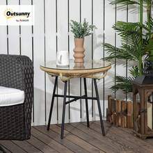 Outsunny PE Rattan Side Table Round Coffee Table 50x50x50cm Beige | With Glass Tabletop, Tray, Garden Table, Garden Furniture, Coffee Table, Sofa Table, Bistro Table, For Garden Terrace Balcony - Beige - View 1