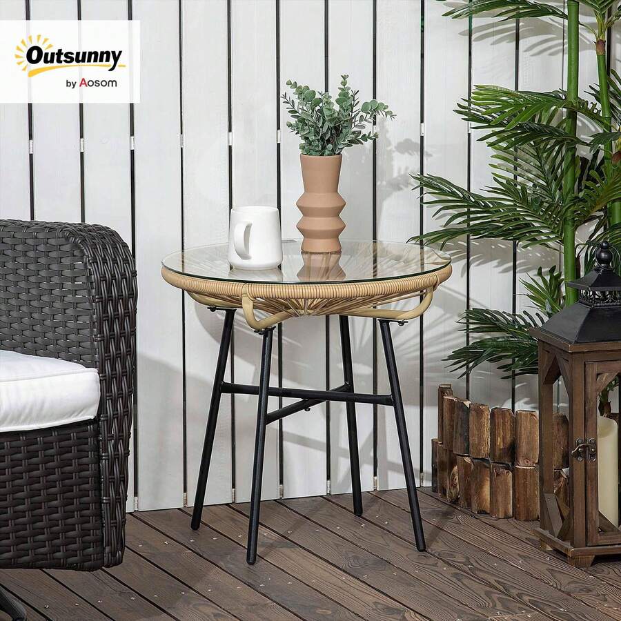 Outsunny PE Rattan Side Table Round Coffee Table 50x50x50cm Beige | With Glass Tabletop, Tray, Garden Table, Garden Furniture, Coffee Table, Sofa Table, Bistro Table, For Garden Terrace Balcony - Beige - View 1