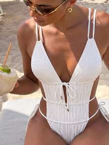 HaiiMeid Women's Solid Color Strap Lace Up Sexy One-Piece Swimsuit Summer Vacation Beach White - White - View 3