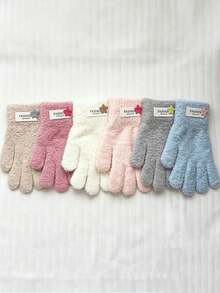 Children's 5-Finger Divided Gloves, Autumn/Winter, Unisex Baby Student Versatile Style, Five-Point Star Fabric Label Decor Gloves - Multicolor - View 2