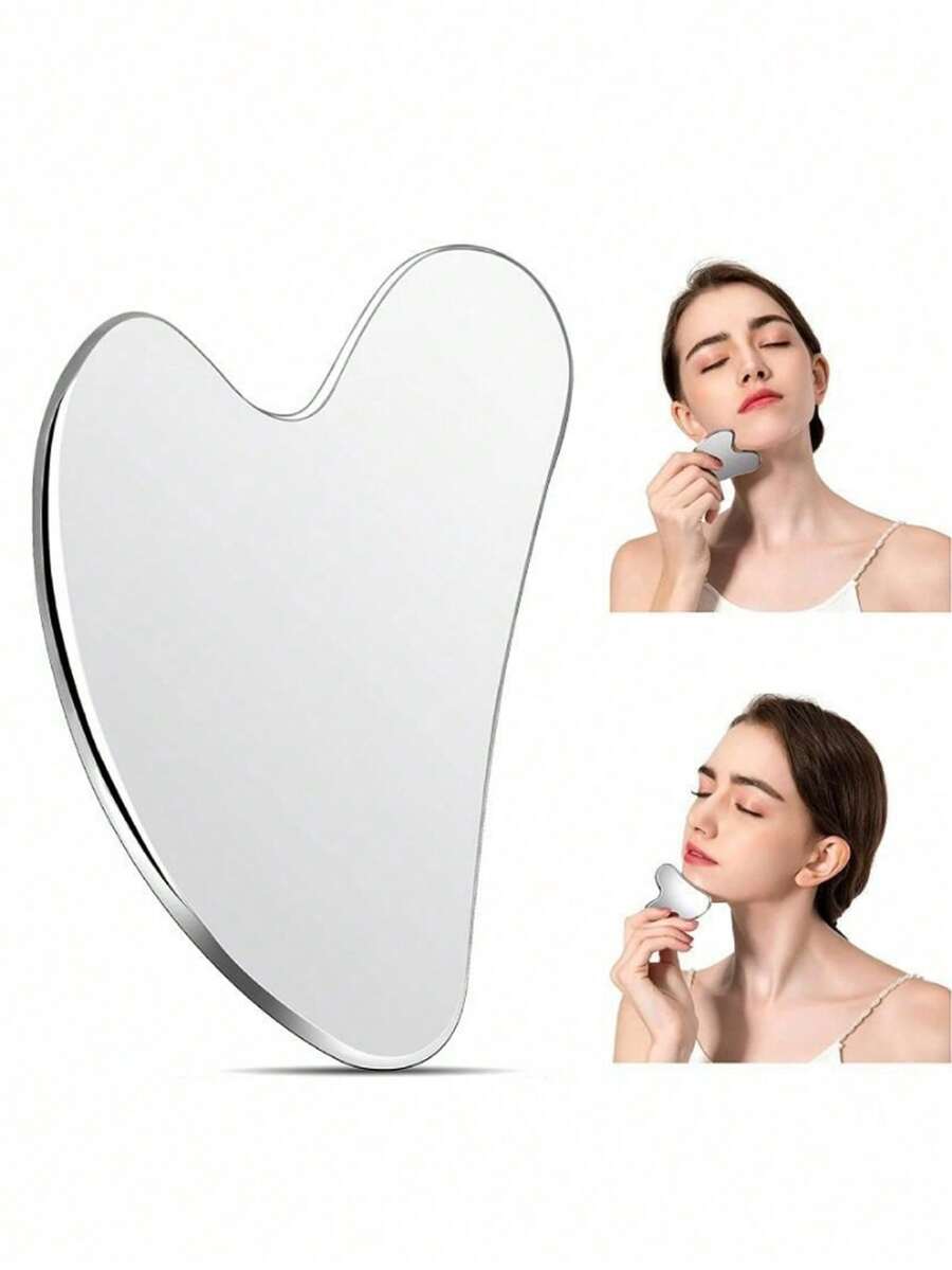 1pc Heart-Shaped Stainless Steel Gua Sha Board, Facial Lifting And Firming Massage Tool, Shoulder, Neck And Full Body Detox Beauty Tool - Silver - View 1