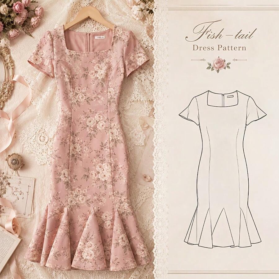 French Square Neck Short Sleeve Floral Fishtail Dress Cutting Pattern, Kraft Paper Pattern, Suitable For Beginners To Sew, Includes Complete Sewing Tutorial, Waist-Cinching Slim Fit, Hip-Hugging, Large Flared Fishtail Midi Dress Handmade Cutting Pattern - Multicolor - View 1