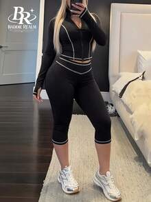 BADDIE REALM 女款 2 件式修身彈性套裝，對比滾邊細節，七分褲，日常運動休閒套裝 - 黑色 - 查看 4