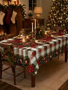 Christmas Plaid Tablecloth, Wavy Edge, Red & Green Buffalo Check Snowflake Print Polyester Tablecloth, Rustic Farmhouse Style Holiday Table Decor, Suitable For Christmas Party, Family Dinner, Winter Home Decoration - Multicolor - View 11